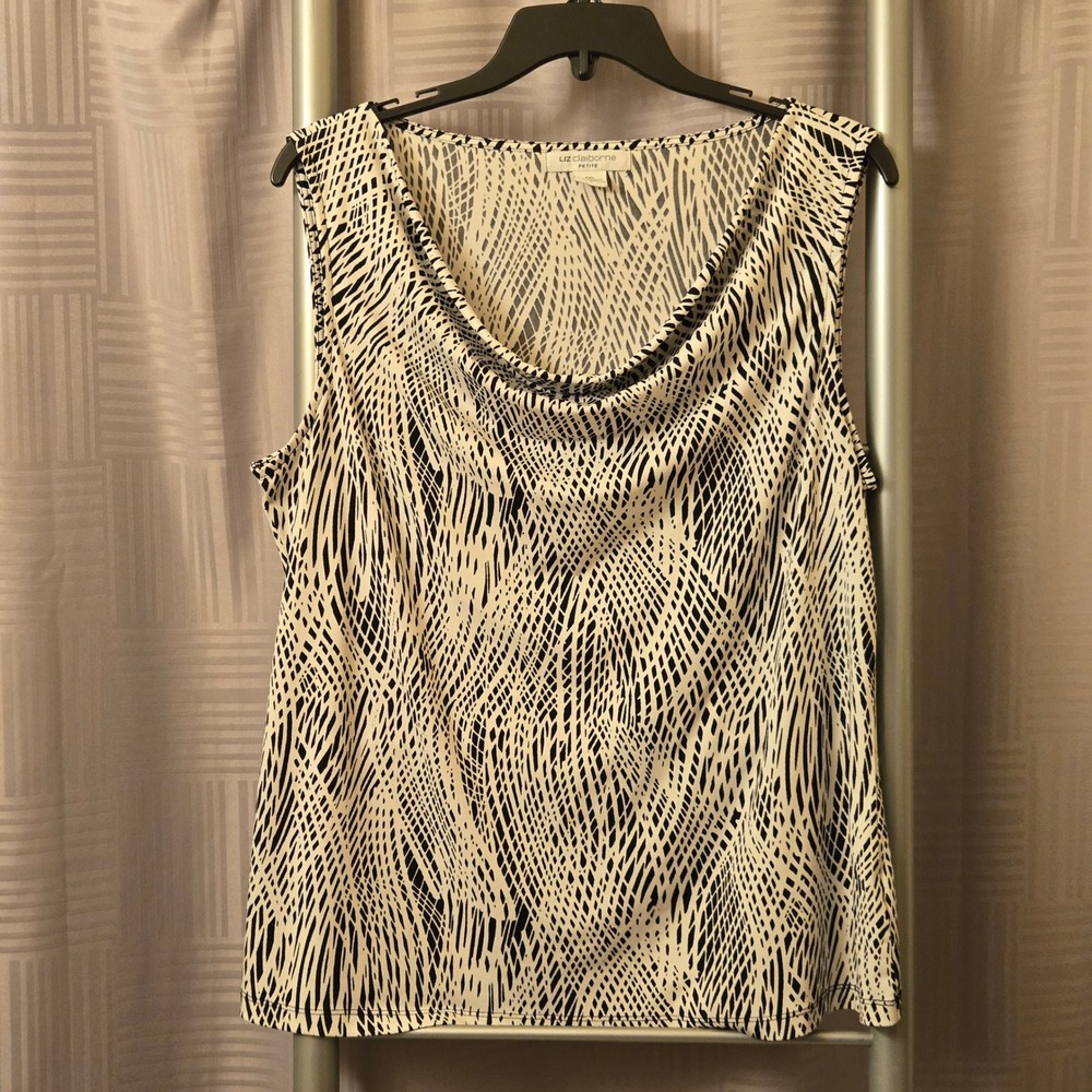 Liz Claiborne Petite XL Cowl Neck Shell Top Black White Abstract Geometric Print
